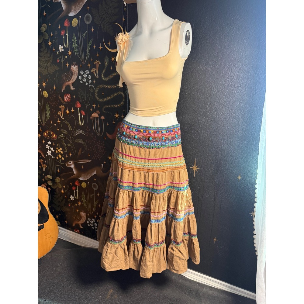 Bamboo Traders Tan Cotton Boho Tiered Midi Skirt Embroidered Turquoise Beaded 6